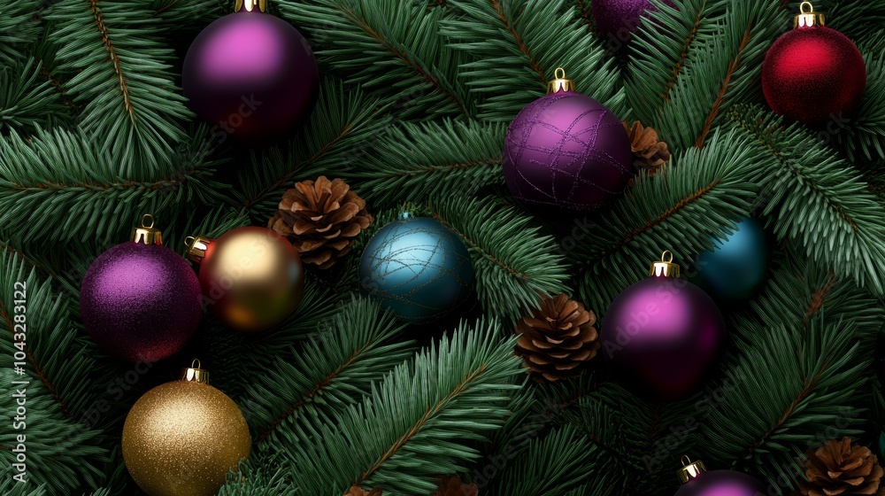 A charming assortment of purple and gold Christmas ornaments set against green pine provides a vibrant depiction of the festive holiday spirit. A charming assortment of purple and gold Christmas ornaments set against green pine provides a vibrant depiction of the festive holiday spirit.