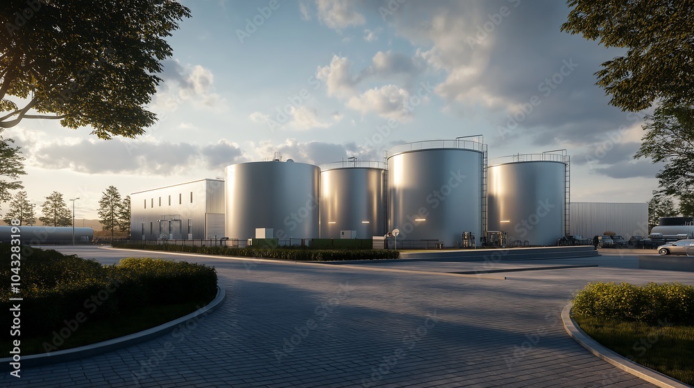 Obraz premium Sleek fuel storage facility, modern architecture, high-tech processing.