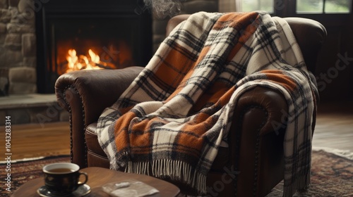 Cozy Living Room with Blanket and Hot Beverage