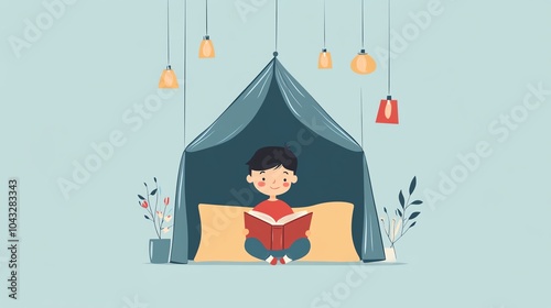 Child reading book inside tent, cozy atmosphere with plants and soft lights. photo