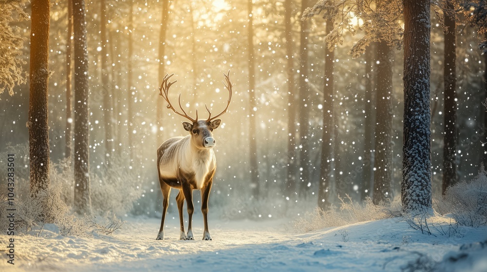A majestic reindeer standing alone in a snow-covered forest, with soft light filtering through the trees and snow falling around it. A majestic reindeer standing alone in a snow-covered forest, with soft light filtering through the trees and snow falling around it.