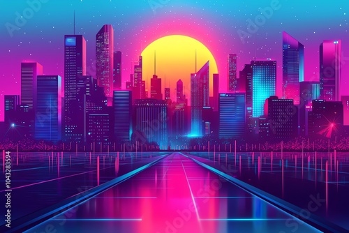 Obraz na płótnie Futuristic city skyline with neon lights and vibrant sunset colors reflecting on water. w salonie