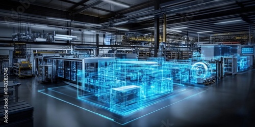 Futuristic factory setup with digital overlays depicting advanced technology and automation in a modern industrial environment.