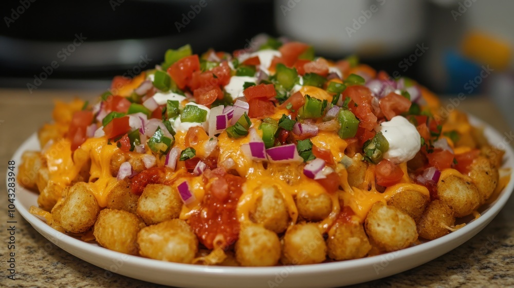 Loaded Tater Tots with Cheese, Bacon, and Green Onions. Tater Tot Nachos