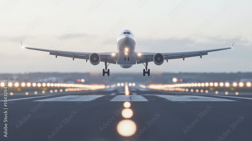 Airplane Taking Off from Busy Airstrip with Runway Lights Airplane Taking Off from Busy Airstrip with Runway Lights