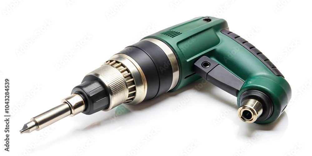 Right angle drill attachment with tilted angle, selective focus on white background Right angle drill attachment with tilted angle, selective focus on white background