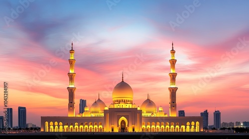 A stunning mosque illuminated at sunset, showcasing beautiful architecture against a colorful sky. photo