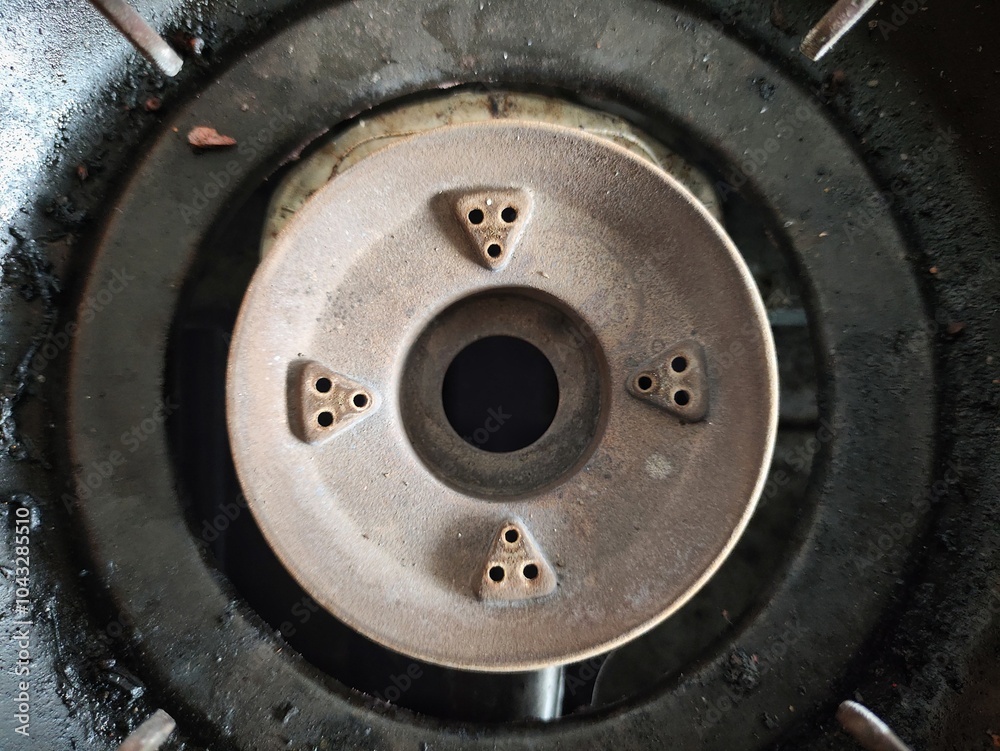 The gas burner is turned off in the kitchen,dirty black gas burner The gas burner is turned off in the kitchen,dirty black gas burner