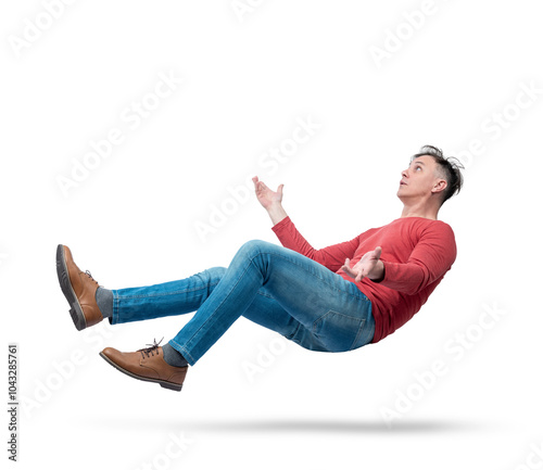 Situation, a confused man falls from heaven to earth, isolated on a transparent background png.