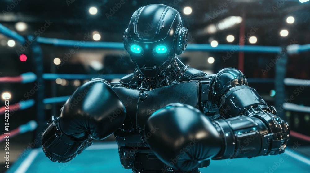 Sleek Robot Boxer Ready for Action in the Ring Sleek Robot Boxer Ready for Action in the Ring