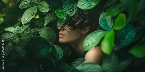 A mysterious person partially obscured by vibrant green leaves in a dense jungle environment. photo