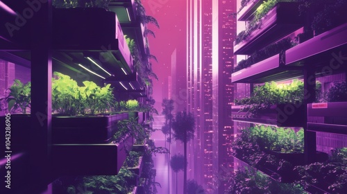 The concept of vertical farming in indoor environments in neon purple and deep green colors photo