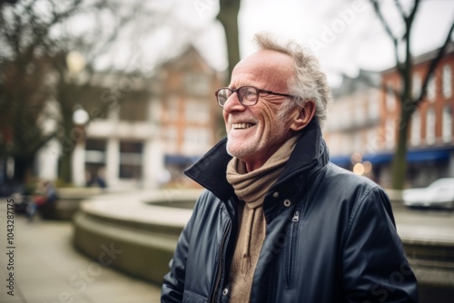 Portrait of senior man with eyeglasses in the city.