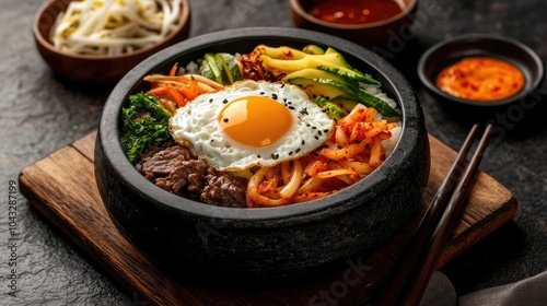 A vibrant bowl of bibimbap topped with a sunny-side-up egg, colorful vegetables, beef, and accompanied by spicy sauces.