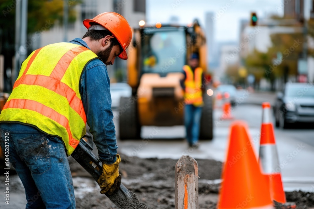 Construction worker in a yellow vest and hard hat using a leaf blower to clear debris on the street. Construction worker in a yellow vest and hard hat using a leaf blower to clear debris on the street.