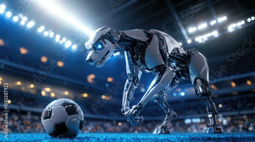 Robotic Dog Ready to Kick Soccer Ball in Stadium photo