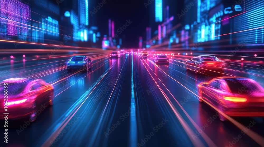 Fototapeta premium A vibrant nighttime scene of cars traveling through a futuristic city, illuminated by colorful neon lights creating a dynamic, fast-paced feel.