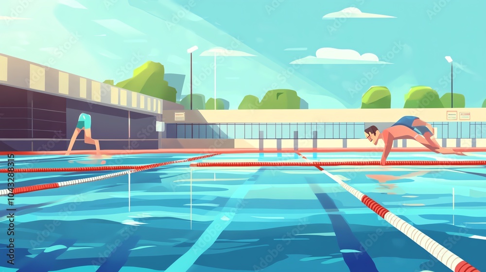 Obraz premium Swimmers competing in a sunlit outdoor pool, vibrant water reflections.