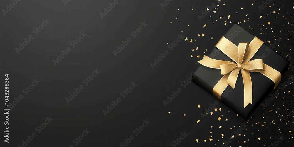 Elegant black gift box with gold ribbon and confetti on dark background. Elegant black gift box with gold ribbon and confetti on dark background.