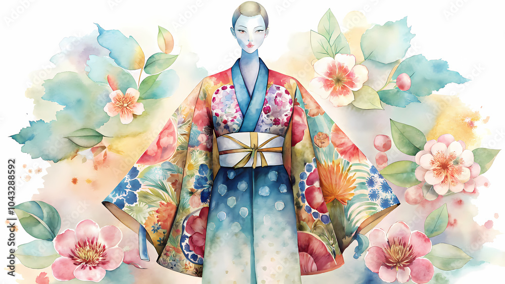 Naklejka premium Watercolor illustration of woman in colorful floral kimono.