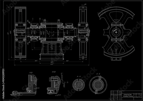 Vector connecting rod shaft with thread and bearing.
Engineering mechanical assembly drawing of steel device
with dimension lines. Industrial technic 
cad scheme on white paper sheet. 
Machine part.