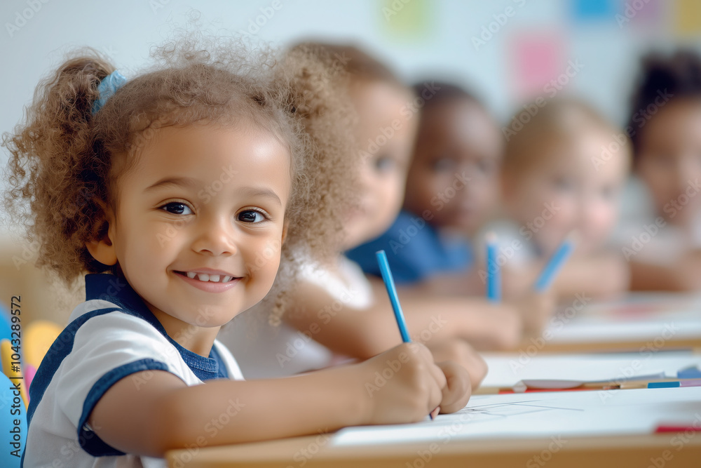 Group of little kids in a kindergarten sitting at a desk and drawing Group of little kids in a kindergarten sitting at a desk and drawing