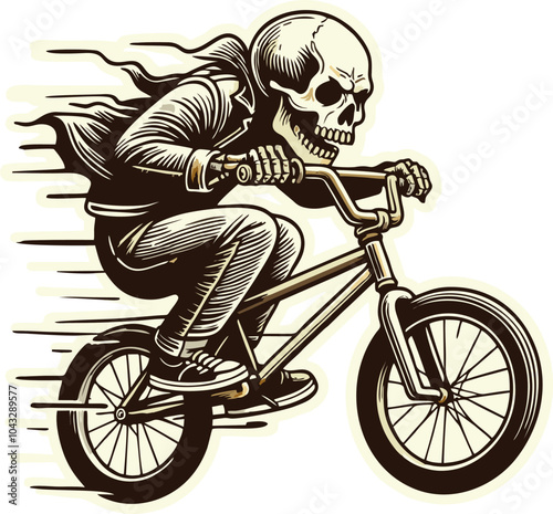 Illustrator vector graphic of skull man ridding bmx and mountain bike wear hoodie with bold line drawing