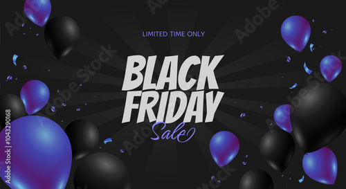Black Friday sale starburst background with blue purple balloons and serpentine