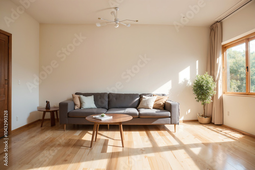 A living room with a couch and a lamp