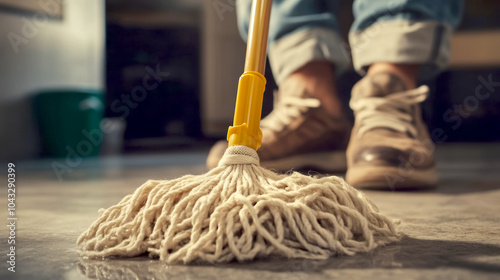 Close-up of mop at man's feet for household cleaning purpose