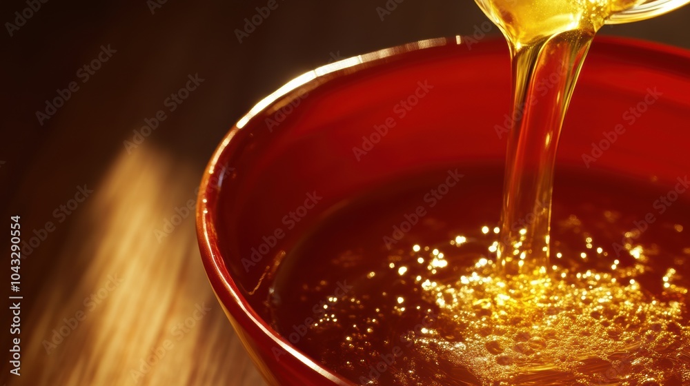 Golden honey flowing into red bowl with warm sunlight Golden honey flowing into red bowl with warm sunlight