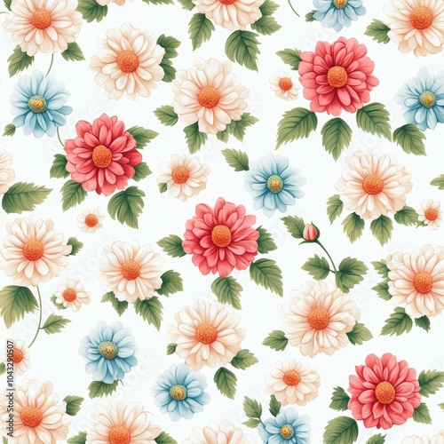 A vibrant floral pattern featuring colorful blooms and green leaves on a light background.