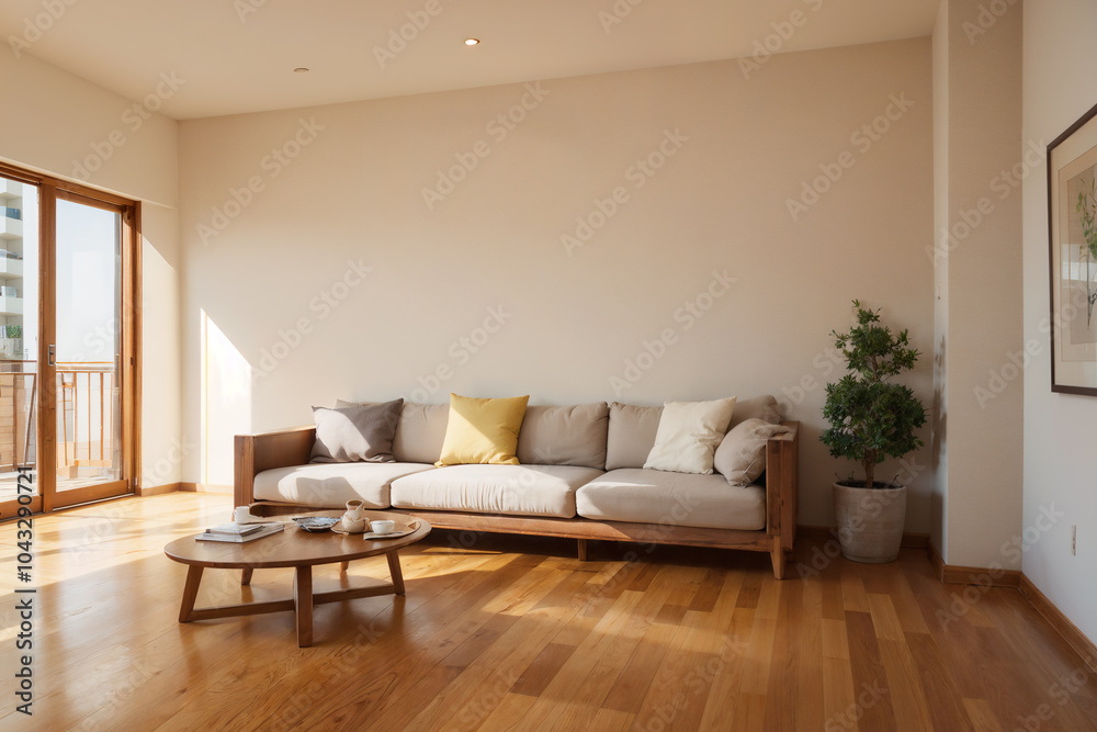 A living room with a couch and a lamp A living room with a couch and a lamp