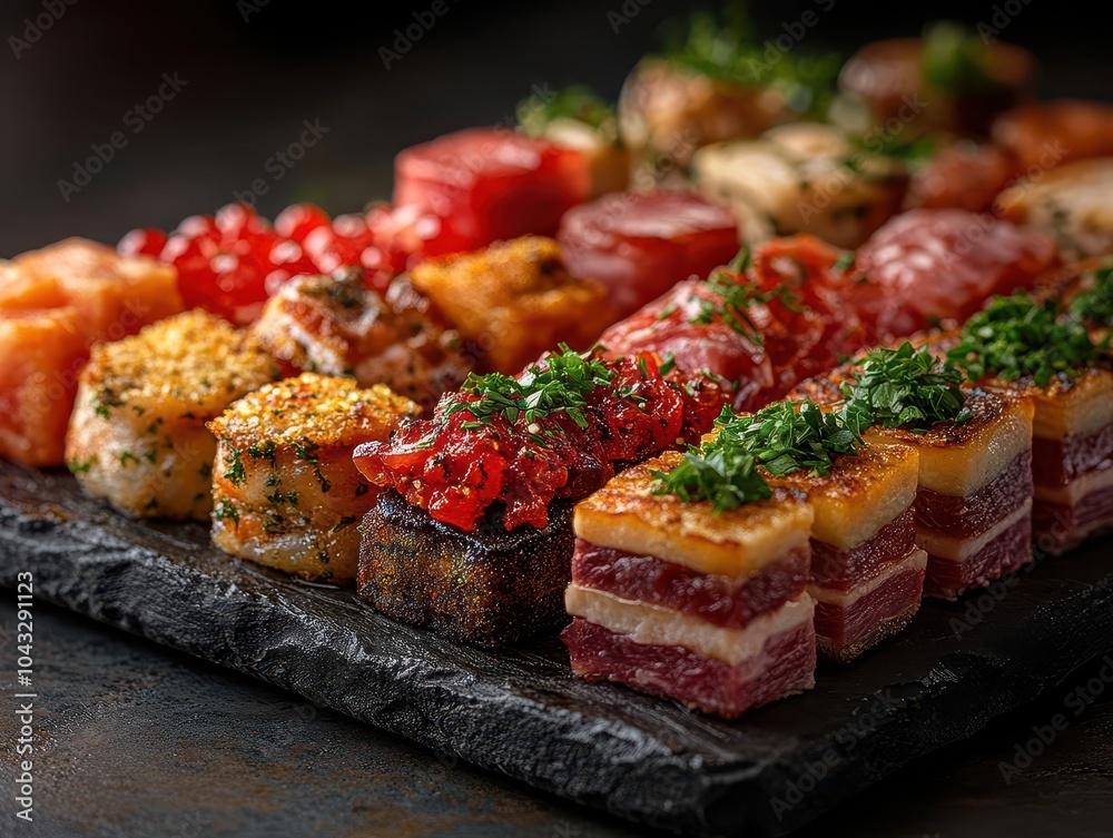 a vibrant assortment of pinchos and tapas representing the basque country, beautifully arranged for a delightful culinary experience, celebrating diverse flavors a vibrant assortment of pinchos and tapas representing the basque country, beautifully arranged for a delightful culinary experience, celebrating diverse flavors