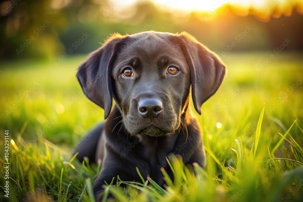 A fluffy black lab puppy dreams on a bed of emerald green. A fluffy black lab puppy dreams on a bed of emerald green.