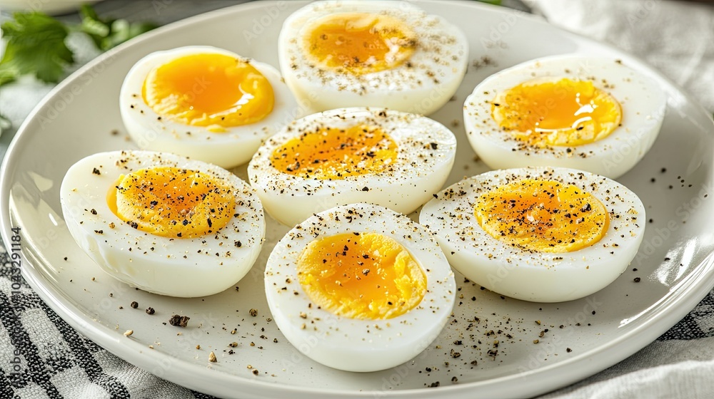 Hard-boiled eggs sliced in half, revealing creamy yolks, arranged on a white plate with a sprinkle of black pepper. --chaos Hard-boiled eggs sliced in half, revealing creamy yolks, arranged on a white plate with a sprinkle of black pepper. --chaos