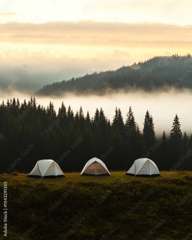 Campers Stretching Outside at Sunrise with Tents Campers Stretching Outside at Sunrise with Tents