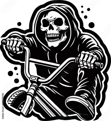 Illustrator vector graphic of skull man ridding bmx and mountain bike wear hoodie with bold line drawing