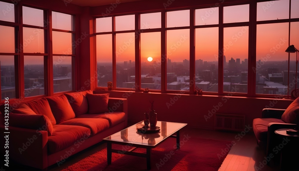 Fototapeta premium Red modern living room with urban city sunset