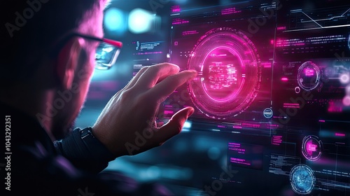 Wallpaper Mural A person interacts with a futuristic digital interface, featuring vibrant pink elements, showcasing technology and innovation in a modern environment. Torontodigital.ca