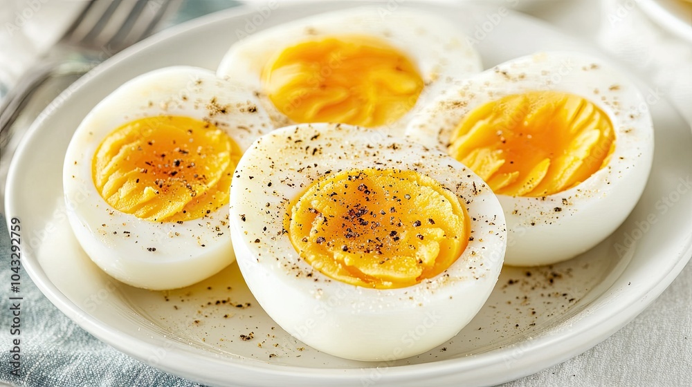 Peeled hard-boiled eggs cut in half, revealing their golden yolks, served on a white plate with a dusting of black pepper. --chaos Peeled hard-boiled eggs cut in half, revealing their golden yolks, served on a white plate with a dusting of black pepper. --chaos