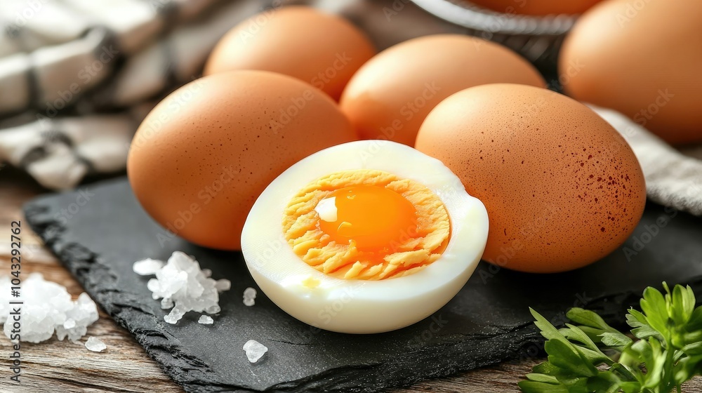 Peeled hard-boiled eggs placed on a slate platter, with one egg sliced open to reveal the golden yolk, and a pinch of salt nearby. --chaos Peeled hard-boiled eggs placed on a slate platter, with one egg sliced open to reveal the golden yolk, and a pinch of salt nearby. --chaos