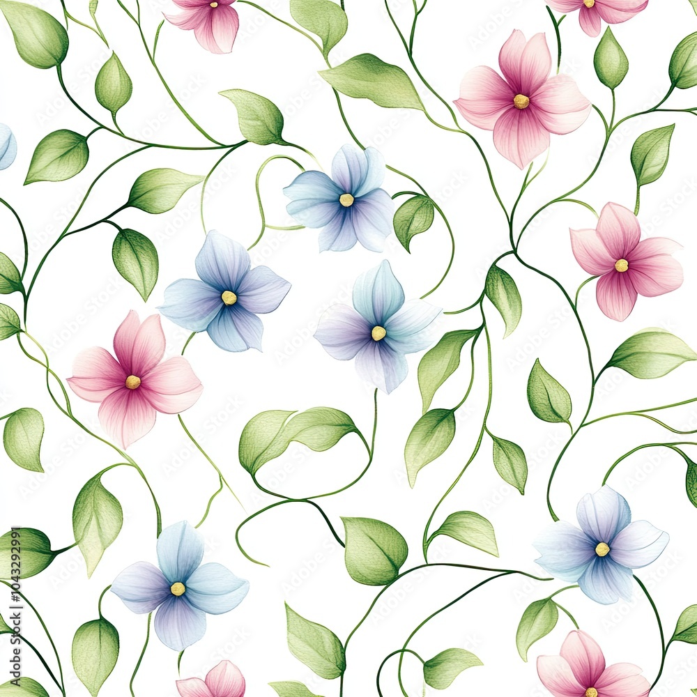 A vibrant floral pattern featuring pink and blue flowers intertwined with green leaves on a white background. A vibrant floral pattern featuring pink and blue flowers intertwined with green leaves on a white background.