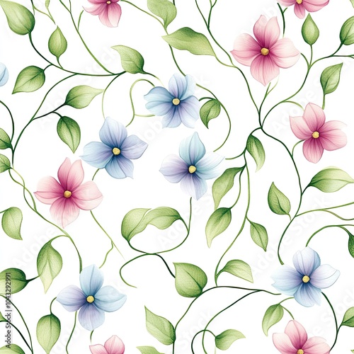 A vibrant floral pattern featuring pink and blue flowers intertwined with green leaves on a white background.