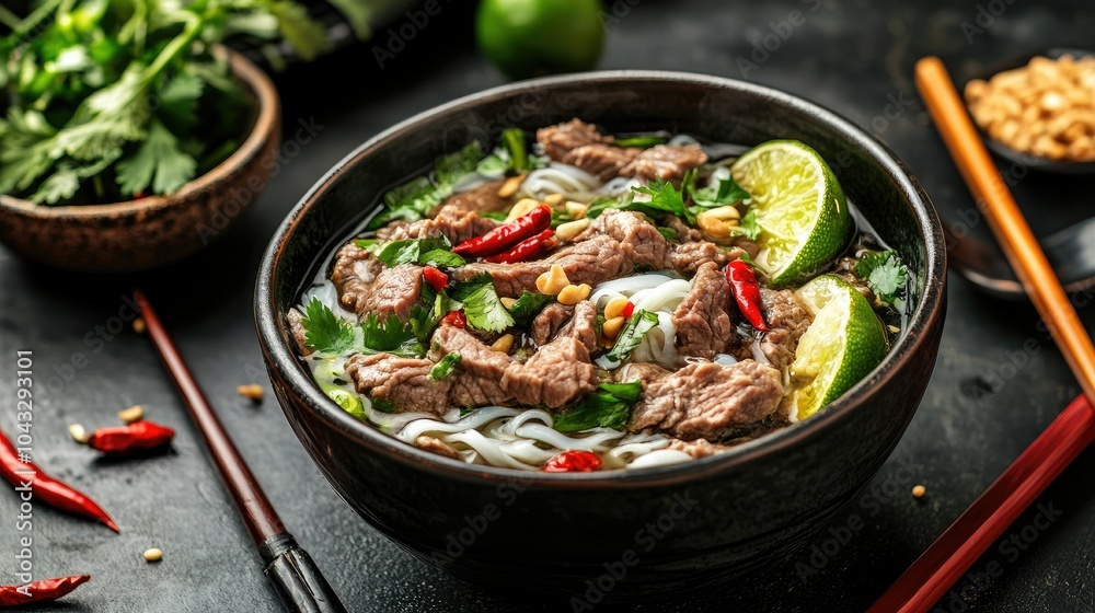 Pho Bo soup with beef and herbs, served in a traditional Vietnamese style with rice noodles, lime wedges, and chili peppers. --chaos Pho Bo soup with beef and herbs, served in a traditional Vietnamese style with rice noodles, lime wedges, and chili peppers. --chaos