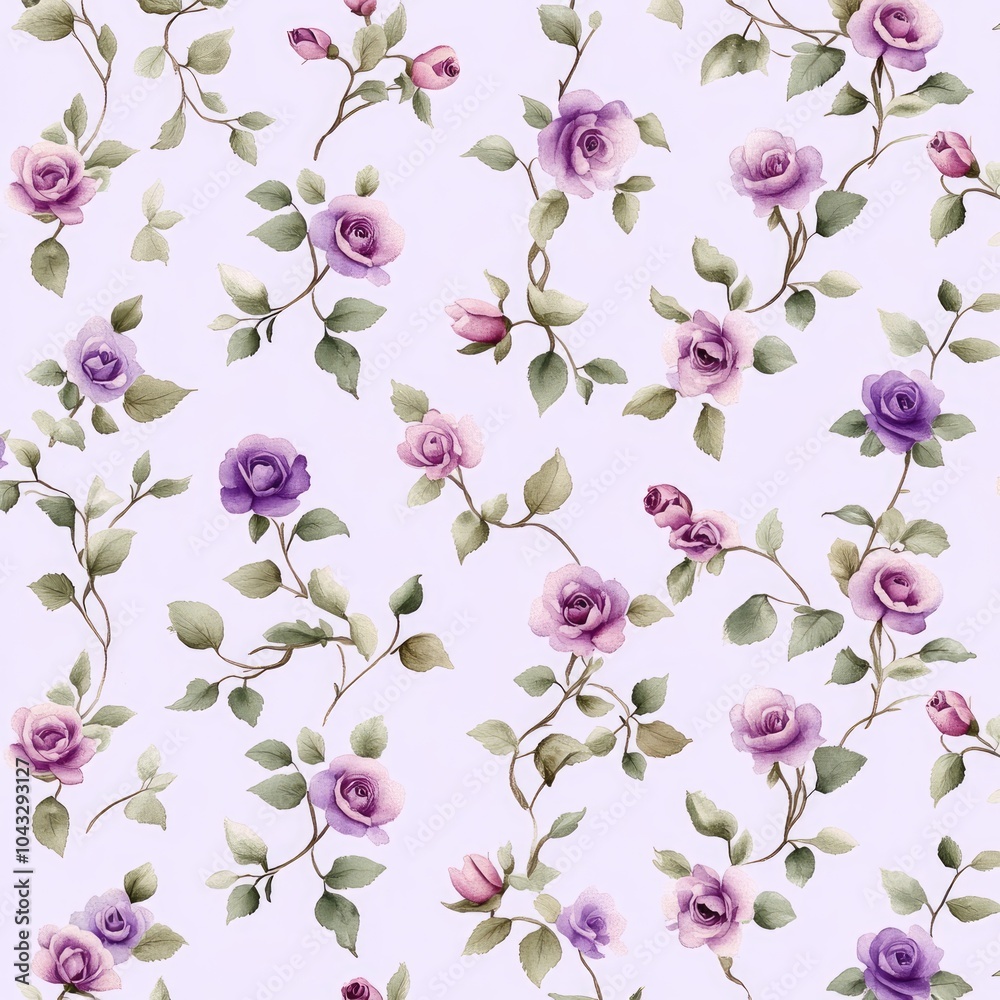 A delicate floral pattern featuring purple and pink roses on a light lavender background, perfect for fabric or wallpaper designs.