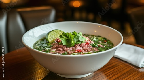 Pho Bo soup with beef served in a white bowl, with fresh cilantro, Thai basil, and a squeeze of lime, placed on a wooden table. --chaos