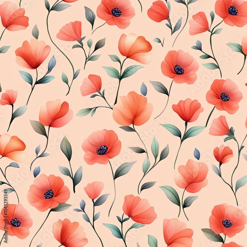 A vibrant floral pattern featuring red and orange flowers against a soft peach background, showcasing delicate leaves and detailed petals.