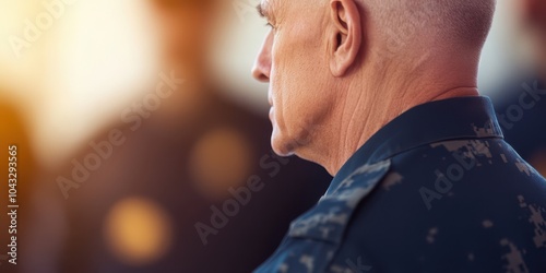 Profile view of a military man, soft focus background, warm light.