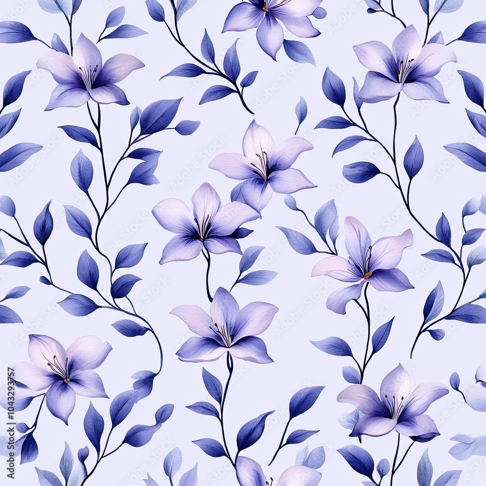 Fototapeta premium A delicate floral pattern featuring soft blue lilies and green leaves on a light background, perfect for wallpapers or fabric designs.